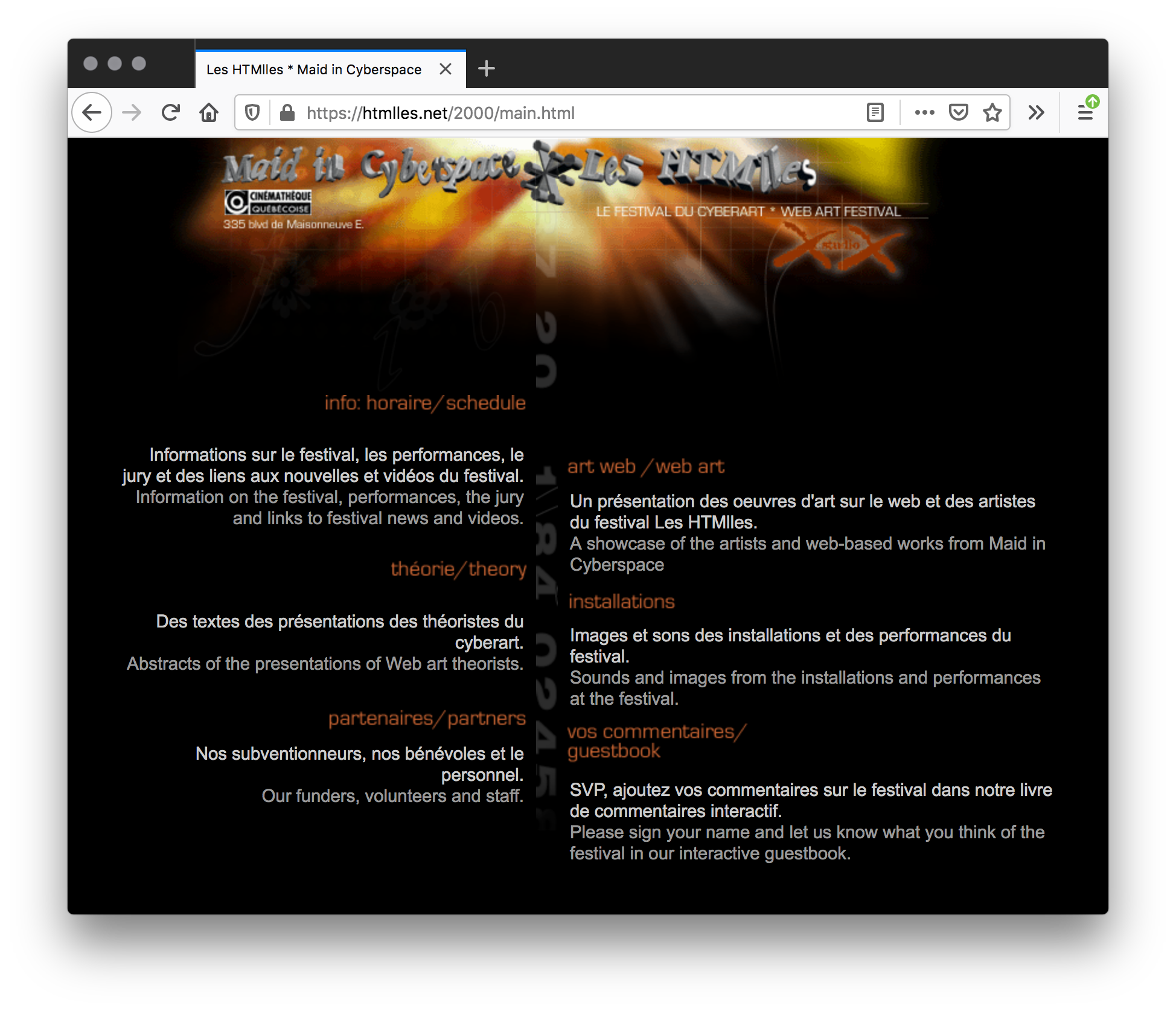 Screenshot of black webpage. A header of 3D grey text with blaring yellow, red, orange solar rays lines the top. Orange titles with white and grey text descriptions are split into two columns divided by grey numbers going down the center.