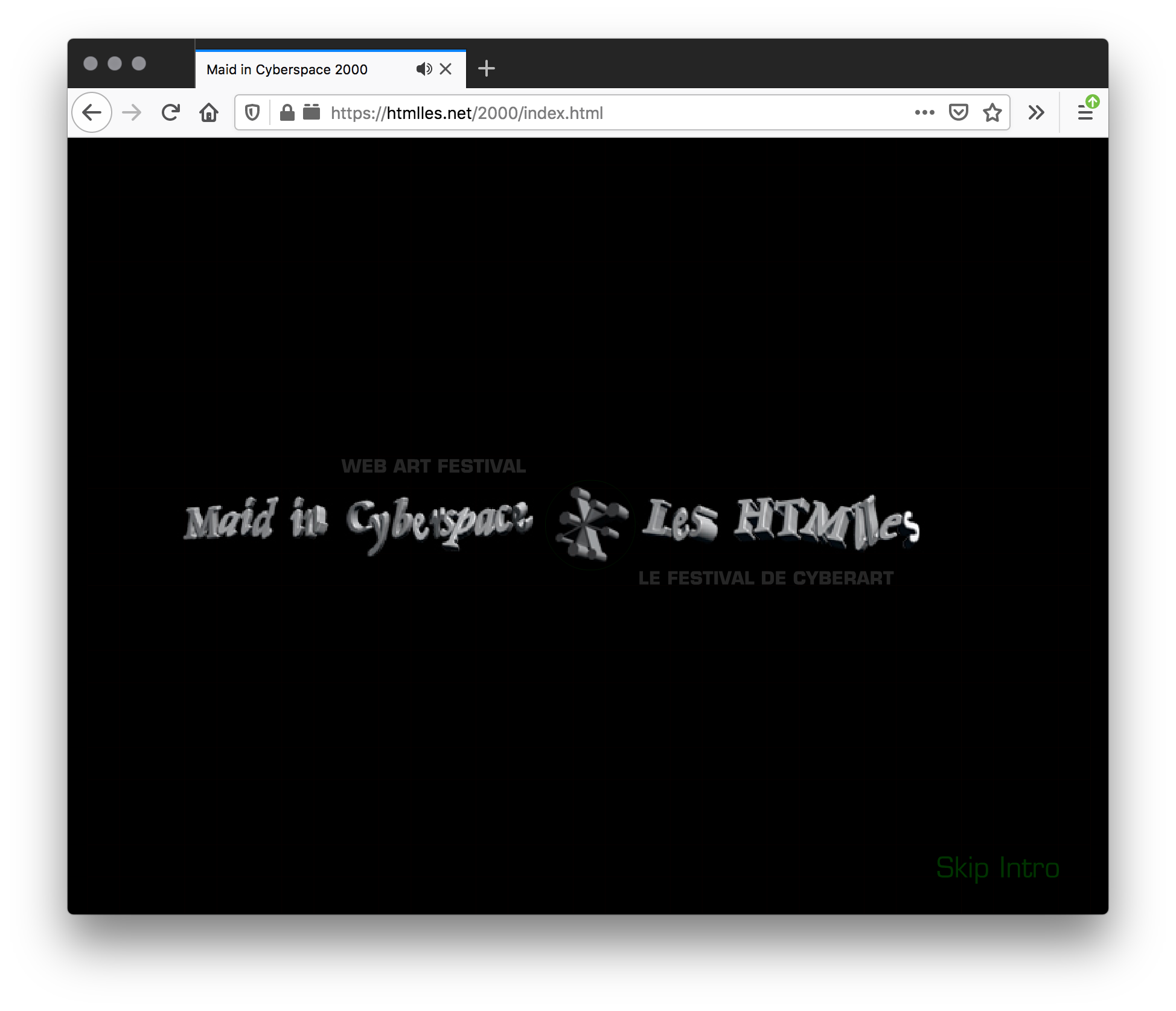 Screenshot of black webpage with 3D grey title largely in the middle and slightly darker grey text surrounding the title. A dainty "Skip Intro" in green text is peaks its way on the bottom right.