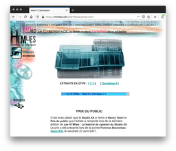 Screenshot of a white webpage. A cyan tall-windowed building with a bright blue drop down menu and grey text with blue links fills the page. The top and left side is covered by pastel organic and chemically designs with an eye peeking through a square.