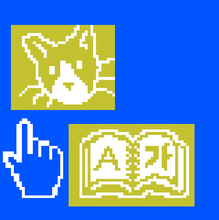 A blue square with a pixelated hand mouse icon on the bottom left corner surrounded by two mustard yellow boxes have a graphic pixelated cat face and an open book with the letter "A" on the right page and Korean characters on the left page.