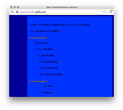 A webpage with a dark blue background with a blue box of black text descending down like a staircase like a poem, some of the words bolded, and orange text in between angle brackets.