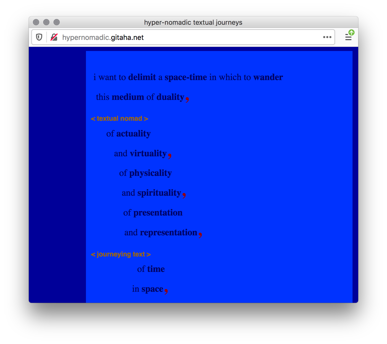 A webpage with a dark blue background with a blue box of black text descending down like a staircase like a poem, some of the words bolded, and orange text in between angle brackets.