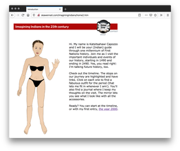 A white webpage with a graphic illustration of a naked woman on the left and paragraphs of black text on the right introducing the woman and the journey. The top has a red header with white text and a circular metallic device with "timeline" typed inside.
