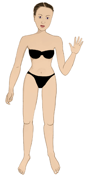 A graphic illustration of a naked woman wearing a black bra and underwear, waving her left hand up.