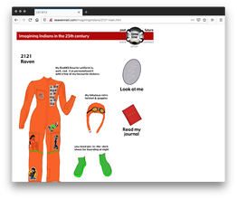 A white webpage with graphic illustrations of different parts to a costume scattered across the page with black text descriptions next to each item.