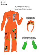 Graphic illustrations with black text descriptions of an orange body suit uniform personalized with stickers of women, a retro orange helmet with goggles, and bight green glo-in-the-dark shoes. A woman wears the whole outfit on the top right corner.