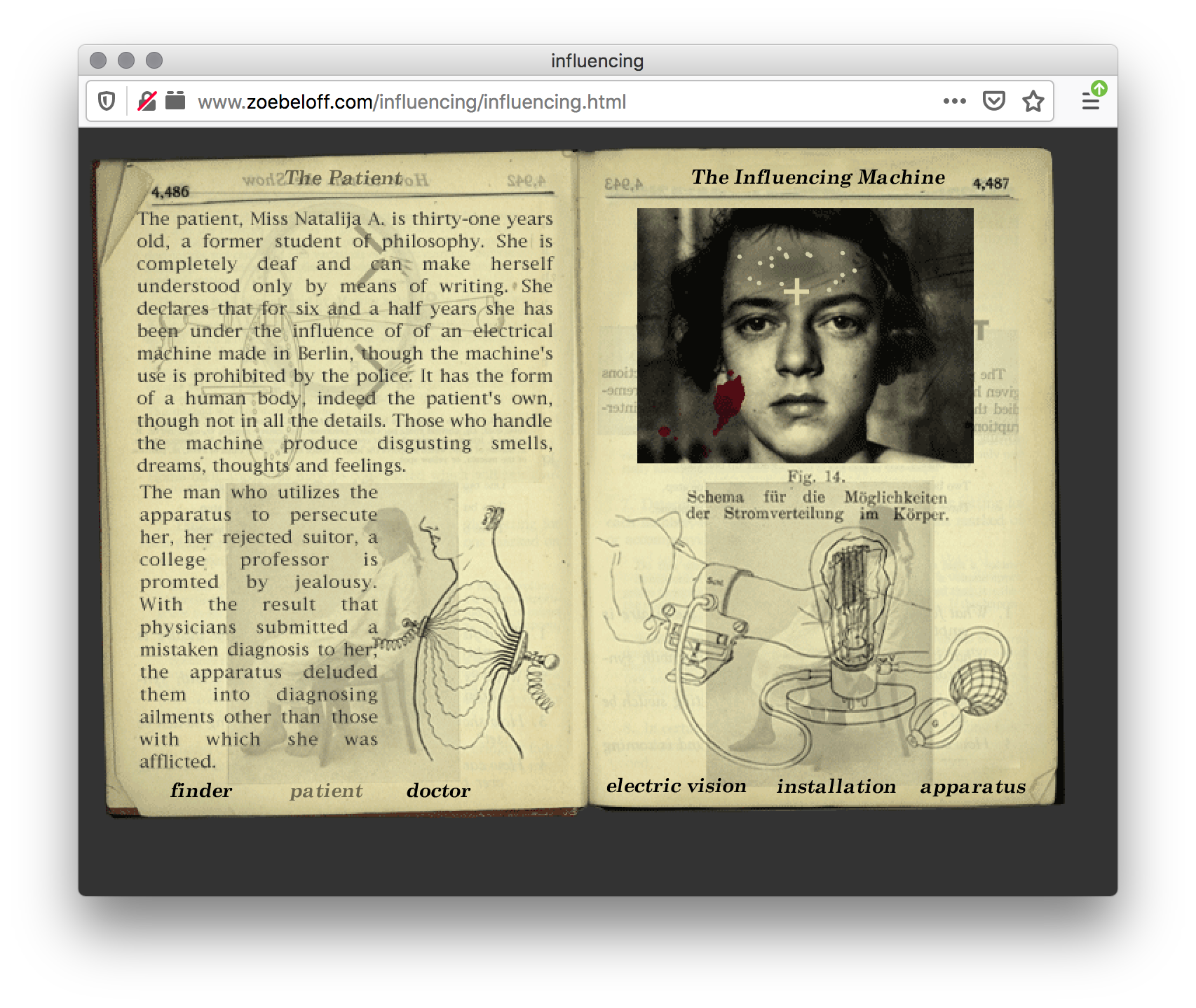 A webpage of an opened book. The left has text a diagram of an electric shock machine sending waves through a torso. The right has a woman with a white cross and dots on her forehead and a diagram of a human body formed machine attached to a lightbulb.