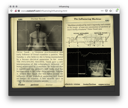 A webpage of an opened book. The left shows a graph over a body with a transparent skull exposing the brain and a sword penetrated down to its sternum. The right shows diagrams of medical graph scans and a picture of a man opening his mouth with a device.