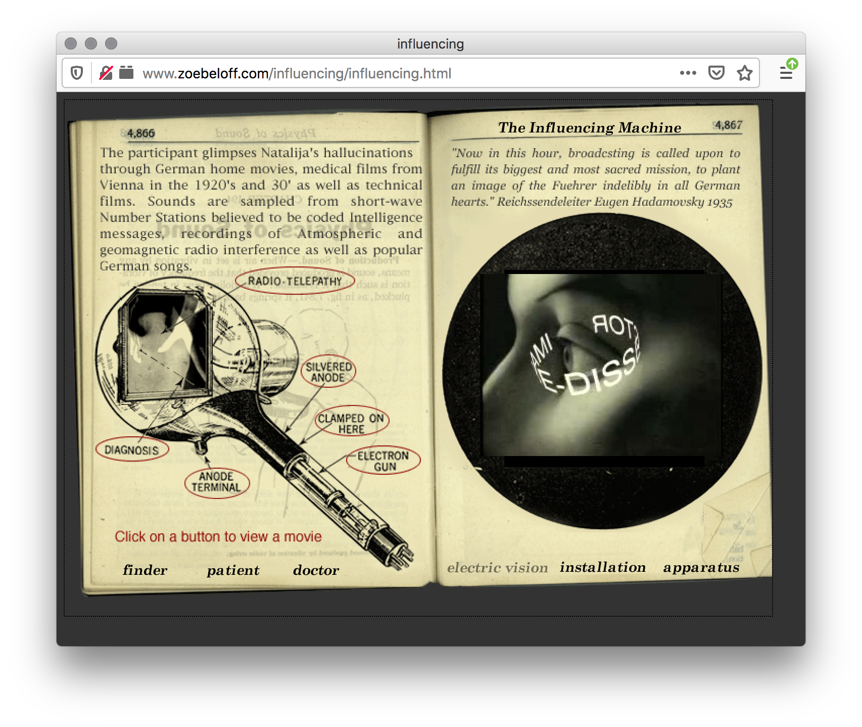 A webpage of an opened book. The left shows text and a machine with a thin long neck and a picture of the back of a torso in the bulb, labeled by black text circled in red. The right shows a black circle with white text rotating around the eye of a face.