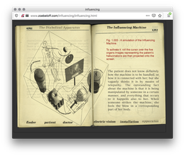 A webpage of an opened book. The left shows an outline of a cube with diagramed objects like a human body and its nervous system, a cylindrical tank, a light bulb machine, connected by wires to a battery pack. The right page has red and black text.