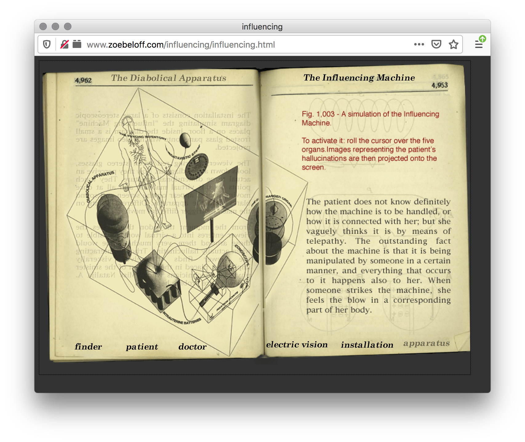 A webpage of an opened book. The left shows an outline of a cube with diagramed objects like a human body and its nervous system, a cylindrical tank, a light bulb machine, connected by wires to a battery pack. The right page has red and black text.
