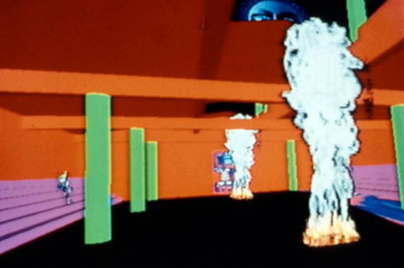 A virtual world with purple stadium stairs on both sides, green pillars, and orange walls and ceilings. Two fires pits are lit and the smoke escapes the openings in the ceilings.