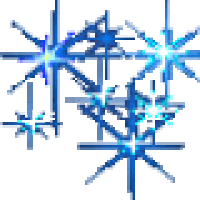 Pixelated graphic of seven various sized twinkling blue stars with a shining bright middle huddled together.