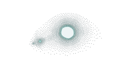 An almond eye shape made by black dots that look like grains of sand with a small bright white imperfect circle like a pupil glowing in its center, leaving smaller circular trails of itself glowing to the left corner of the eye.