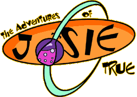 A logo of "Josie" in an orange circle. The "O" of Josie is a chemistry flask with a pink bubbly potion or a purple ladybug. A cyan ring shoots out from the tip of the flask or ladybug's antennas and creates a ring around the circle.
