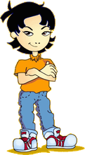 Cartoon of a Chinese American girl with untamed short black thick hair, sharp eyes, and right tilted smile. She stands coolly with her arms crossed wearing an orange short sleeve shirt, blue jeans and yellow and red sneakers that go up to her ankles.