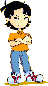 Cartoon of a Chinese American girl with untamed short black thick hair, sharp eyes, and right tilted smile. She stands coolly with her arms crossed wearing an orange short sleeve shirt, blue jeans and yellow and red sneakers that go up to her ankles.