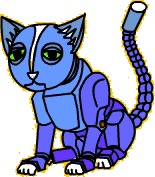 Cartoon of a purple and blue robot cat with tired green eyes and a black pupils. Its body is made of geometric blocks, except for its round adorable face.