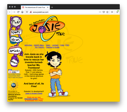 Screenshot of a yellow webpage that feels very youthful, like for elementary schoolers excited about science. A cartoon of molecular statue as the menu is on the left. A cartoon girl stands coolly on the right. In between is black text with blue links.
