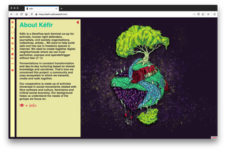 Website screenshot of Kéfir. The left-hand side has a yellow rectangle with black text and a green title. The right has a drawing og a tree growing out an hilltop island