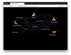 Screenshot of black webpage with architectural outlines and grids of a large flat building, each area of the building labeled with white text. Images of hands with the index finger pointing out are placed throughout on top several of the labels.