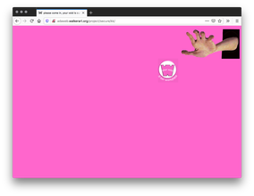 Screenshot of pink webpage with a hand extending out of a mere black rectangular portal in the top right corner, trying to grab a white and pink circular logo made of a blocky pink "W" and white text.