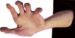 A hand and its forearm extending out of a black rectangular portal.