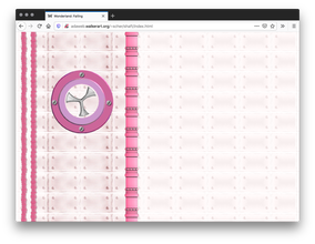 Screenshot of a pink webpage with pink metal tiles as the background. The left has a graphic illustration of a pink wheel in between a pink pink and two parallel columns of stacked pink bricks.