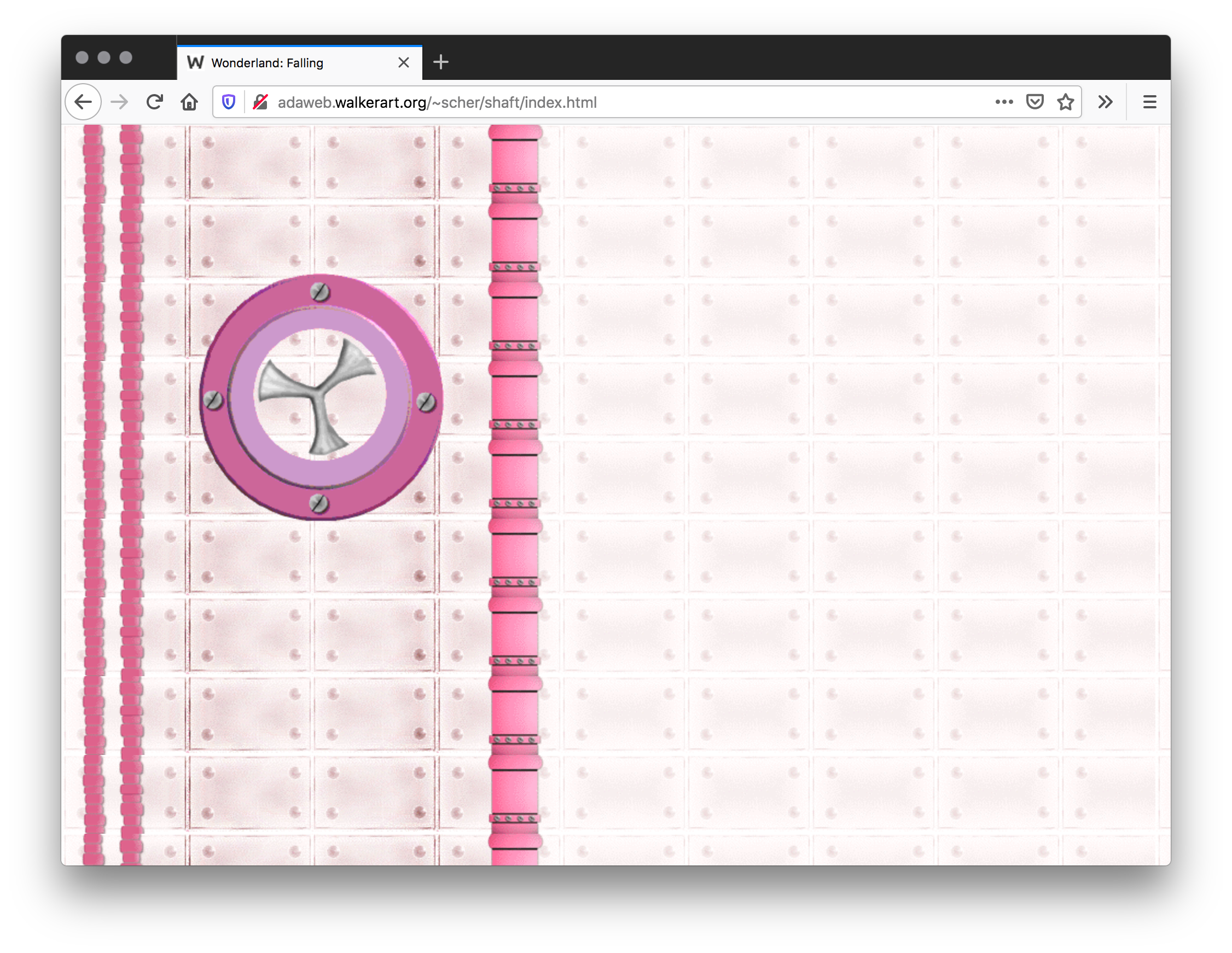 Screenshot of a pink webpage with pink metal tiles as the background. The left has a graphic illustration of a pink wheel in between a pink pink and two parallel columns of stacked pink bricks.
