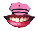 A collage of red lips and white teeth smiling and a graphic pink police cap sitting on the top lift.