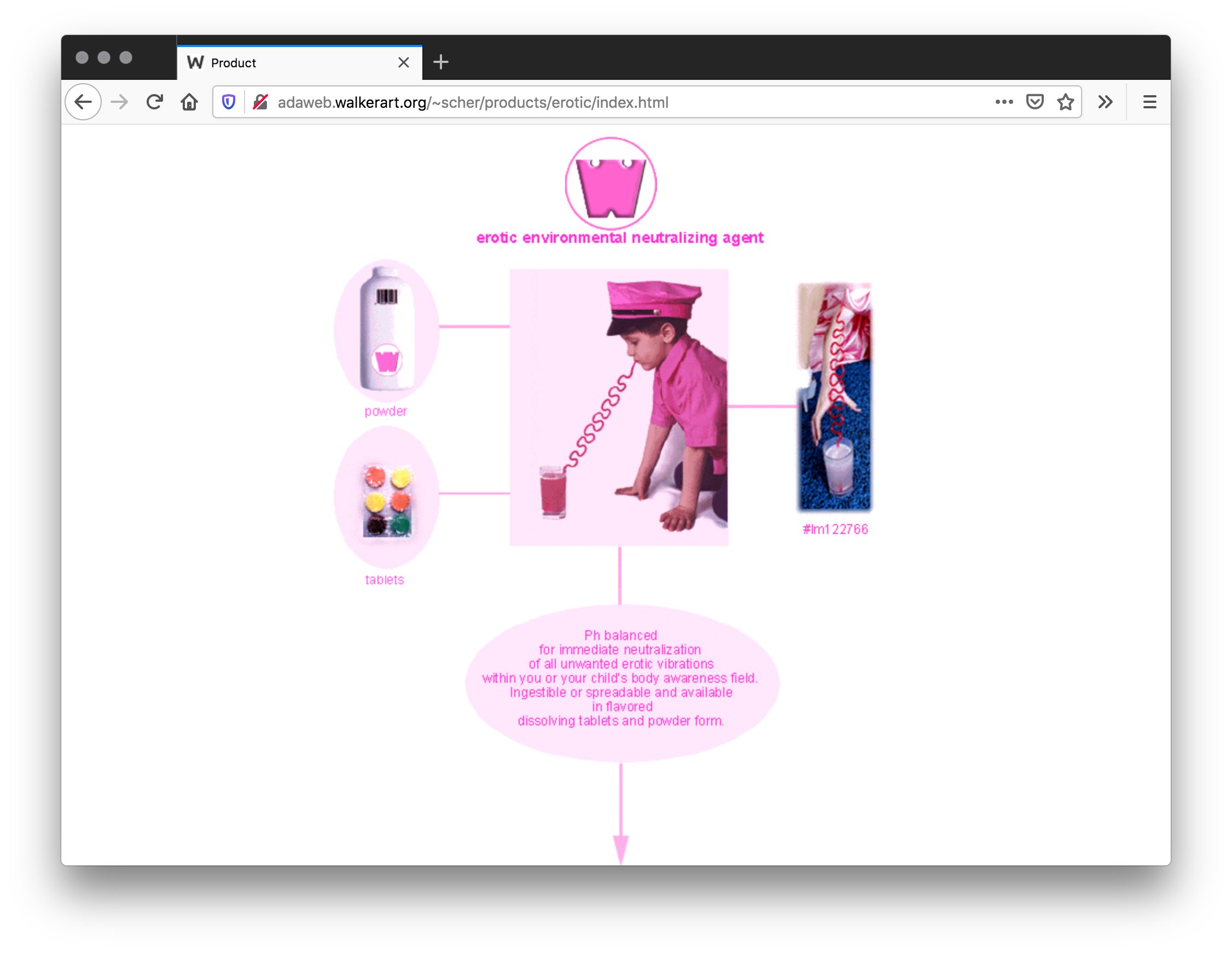 Screenshot of white webpage with with a pink logo and text on top. An image of a child wearing a pink hat and shirt drinking out of a pink bendy straw has pink lines mapping to images of powder, tablets, a hand grabbing a cup, and a pink oval with text.