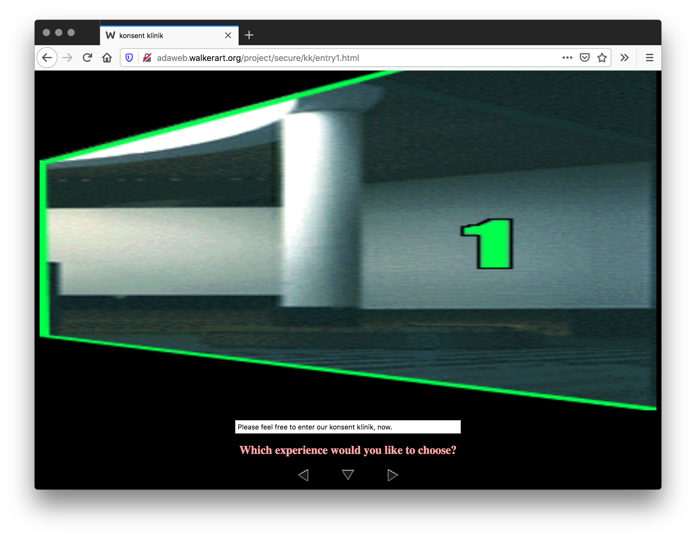 Screenshot of black webpage of a green shape showing a panorama of an empty white room with a green number 1. Below is a white button with black text. The viewer is asked experience they want to choose with arrows pointing left, down, and right.