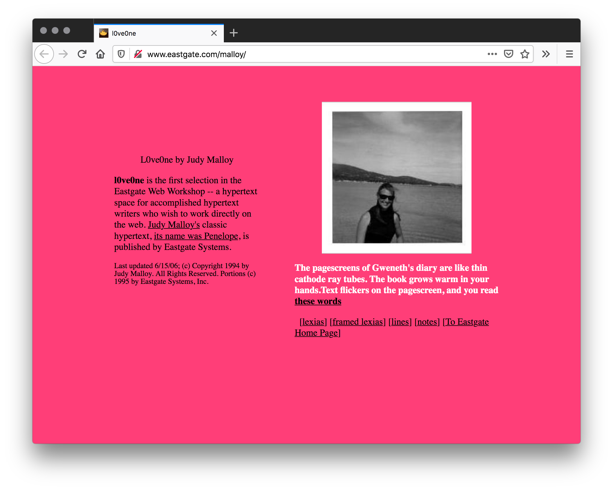 Screenshot of a website with a hot pink background split into two sections like the foreword and author's note with a mini table of contents of a book. A square black and white photo of a woman on holiday in sunglasses smiling on an isolated beach.