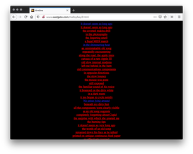 Screenshot of a website with a black background and a center of red and a few indigo text underlined and center-aligned text, like an endless scrolling poem that someone recites while yelling into black space vacuum.