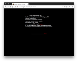 Screenshot of a website with a black background and white block of left-aligned text and two red underscores in the beginning of the poem and the middle. A small trail leads to a red "home" in red text.