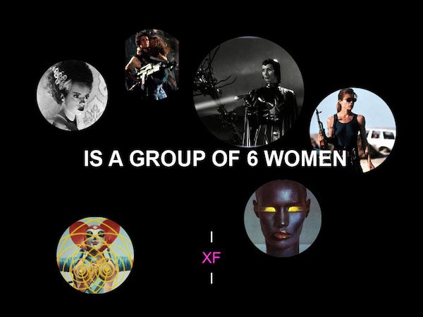 A black background with six circles in various sizes showing images and photos of women and female villains, heroes, and robots. White text types across the page.
