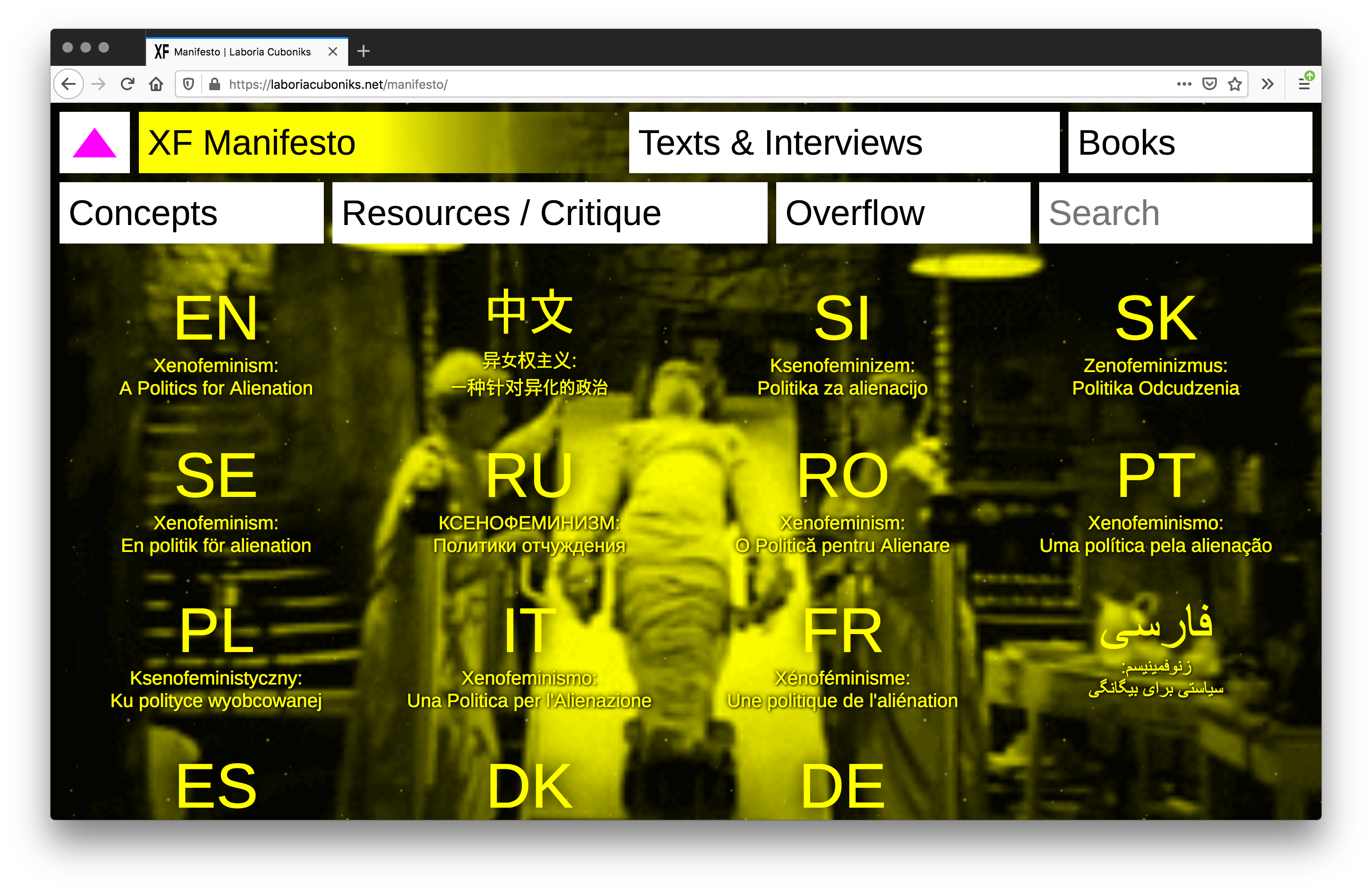 Screenshot of a yellow webpage two scientists in a lab observing a mummy on a metal bed in the background. On top are two rows of white tabs with "XF Manifesto" highlighted in yellow. Four rows of language initials and translated titles fill the page.