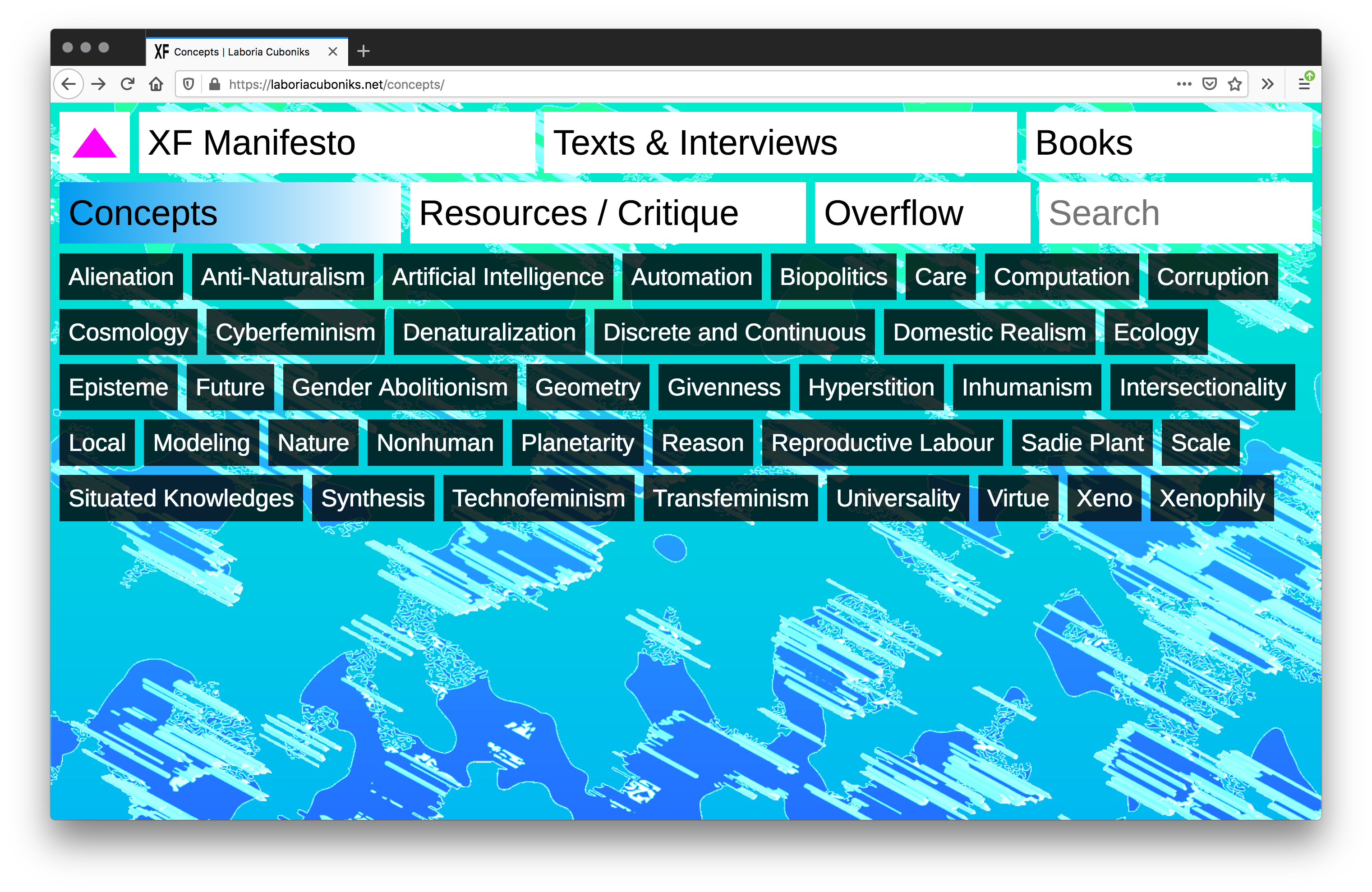 Screenshot of blue and teal webpage with a glitchy aerial view of water on land texture as the background. On top are two rows of white rectangular tabs with "concepts" highlighted in blue. Below are rows of black rectangular tabs of white text.