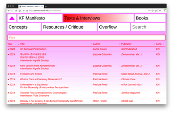 Screenshot of pink gradient web page with red text. On top are two rows of white rectangular tabs with "Texts & Interviews" highlighted in red on top. Five columns of red text show the year, title, author, publisher, and language.