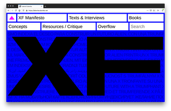 Screenshot of a royal blue webpage with thin text int he background a big bolded black "XF" taking up the page. The top has two rows of white rectangles with text inside as the menu of the page.