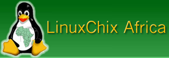 green website banner from LinuxChix Africa with yellow text and a logo of a penguin with an African content on their chest