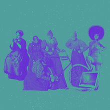 A collage of women in different eras overlayed in purple on a teal green background and white speckles scattered on top. A group of women fix a bike, another knits, and another with disco hair steps one foot on top of an opened Macbook Air.