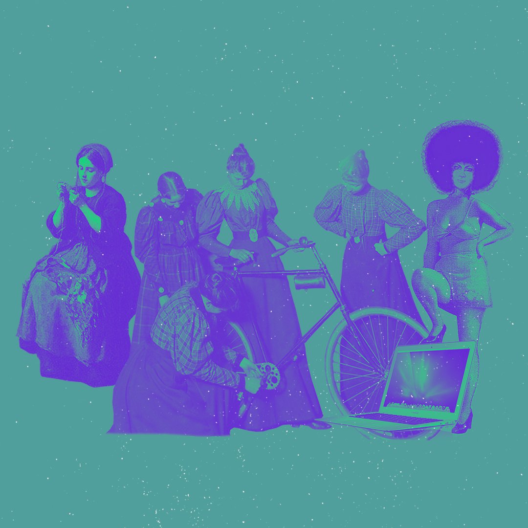 A collage of women in different eras overlayed in purple on a teal green background and white speckles scattered on top. A group of women fix a bike, another knits, and another with disco hair steps one foot on top of an opened Macbook Air.