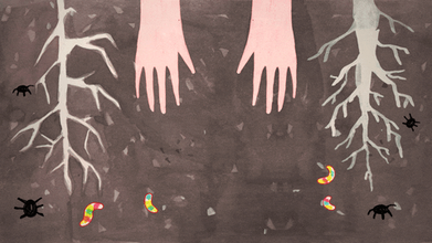 A watercolor drawing of two hands digging into the soil, in between roots to  a plant and surrounded by black spiders and colorful bright worms.