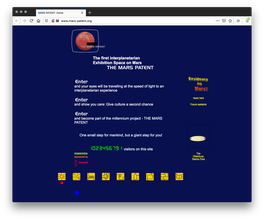 Screenshot of navy webpage with white text. The header has a logo of a red planet inside a rectangle. The bottom has a row of mechanical icons in yellow squares. The right column has a residency application logo and an oval Oldenburg-Reiche Prize icon.