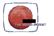 A graphic illustration of an auburn planet inside of a rounded rectangle. A small black vertical rectangle is placed on the right corner of the planet with "The Mars Patent" typed underneath in grey and a futuristic space font.