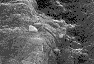 A low-resolution black and white image of a sandy, and rocky terrain that looks like the space between two streams of water with opposite currents flowing and clashing into each other.