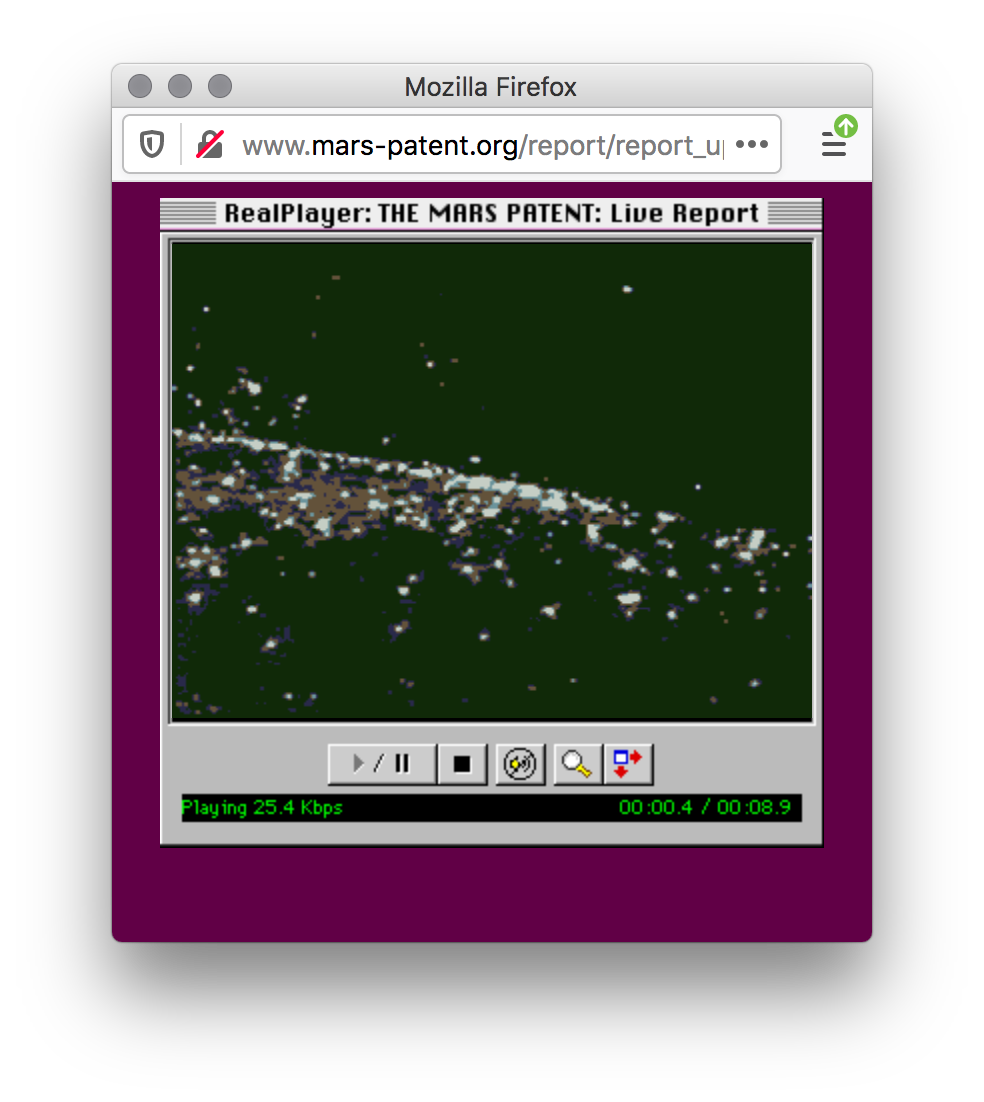 A magenta webpage with a vintage GUI of a grey media player showing a black image with pixelated blue, white, purple, and brown speckles forming the shape of the falling star's tail.