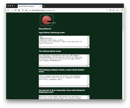 A dark forest green webpage of a guestbook, with a column of white rectangles that hold writings from a world-wide audience of groups and people.
