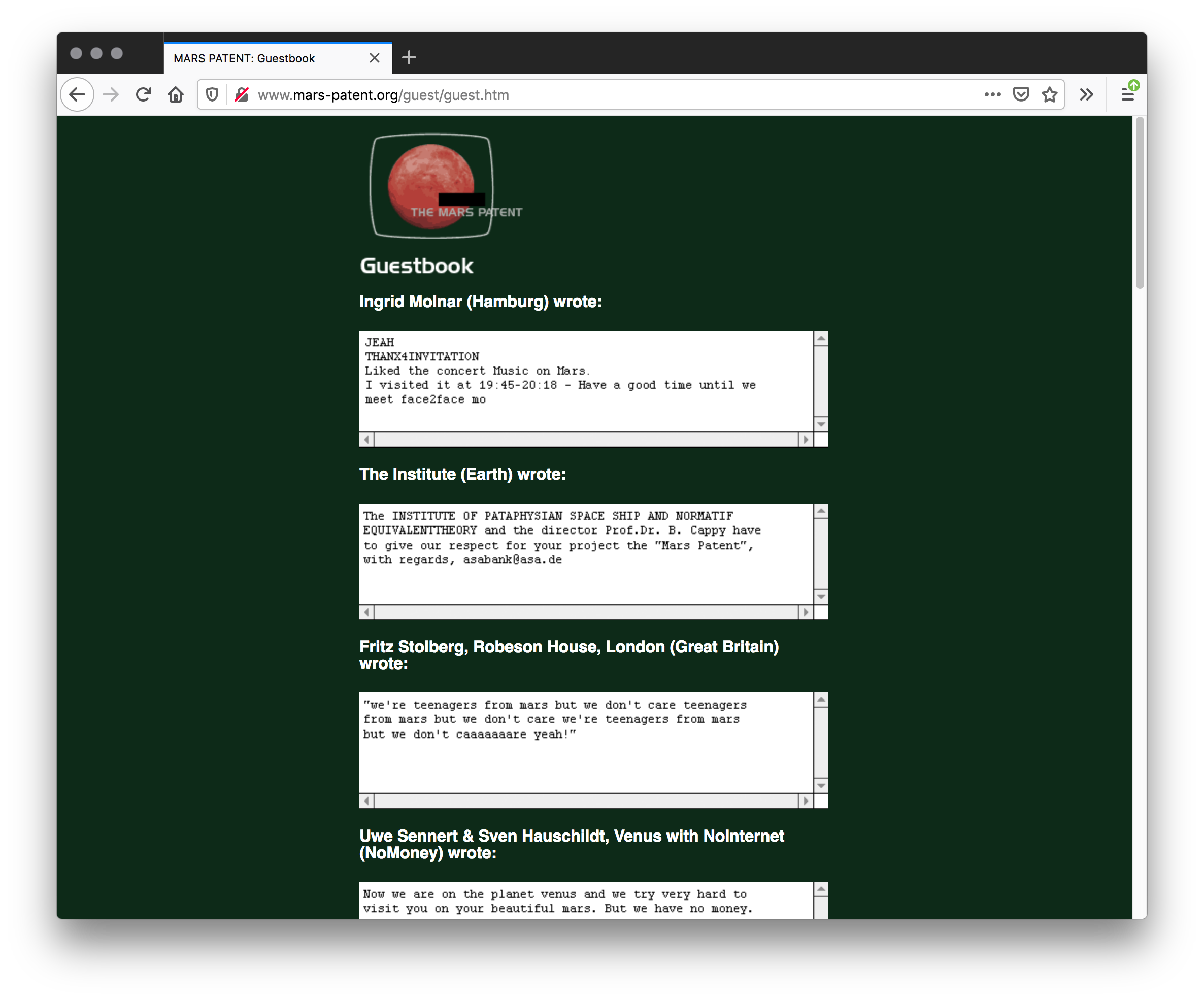 A dark forest green webpage of a guestbook, with a column of white rectangles that hold writings from a world-wide audience of groups and people.